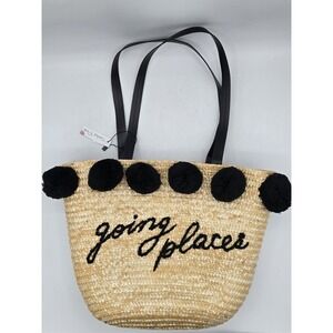 NEW WITH TAGS Tickled Pink Going Places Pom Pom Wicker Bag